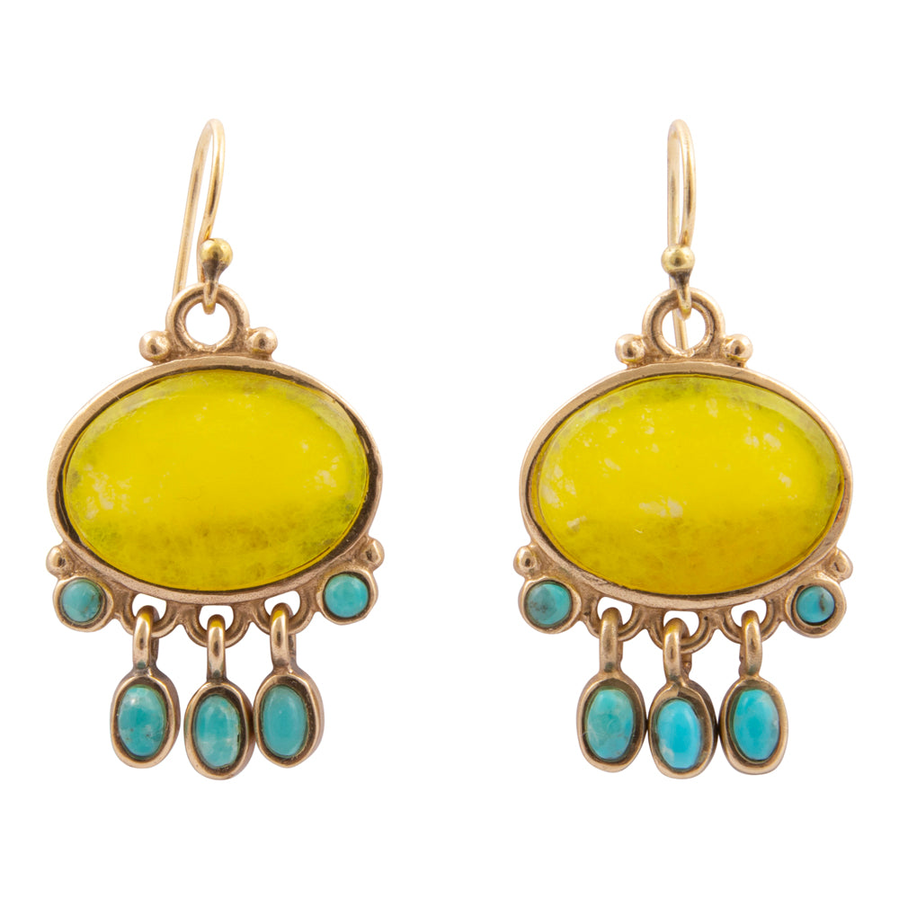 Sunny Yellow Quartz and Turquoise Golden Drop Earrings