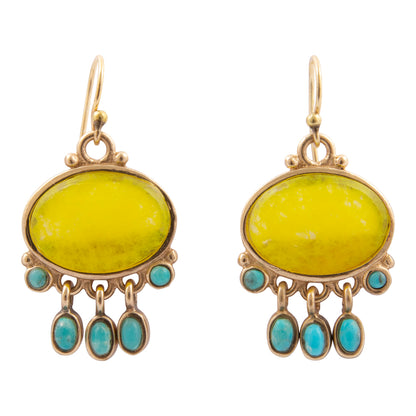 Sunny Yellow Quartz and Turquoise Golden Drop Earrings