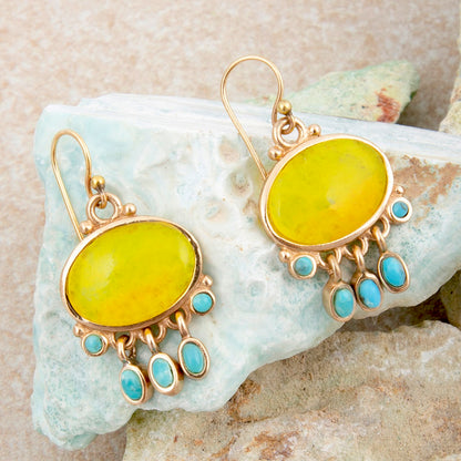 Sunny Yellow Quartz and Turquoise Golden Drop Earrings