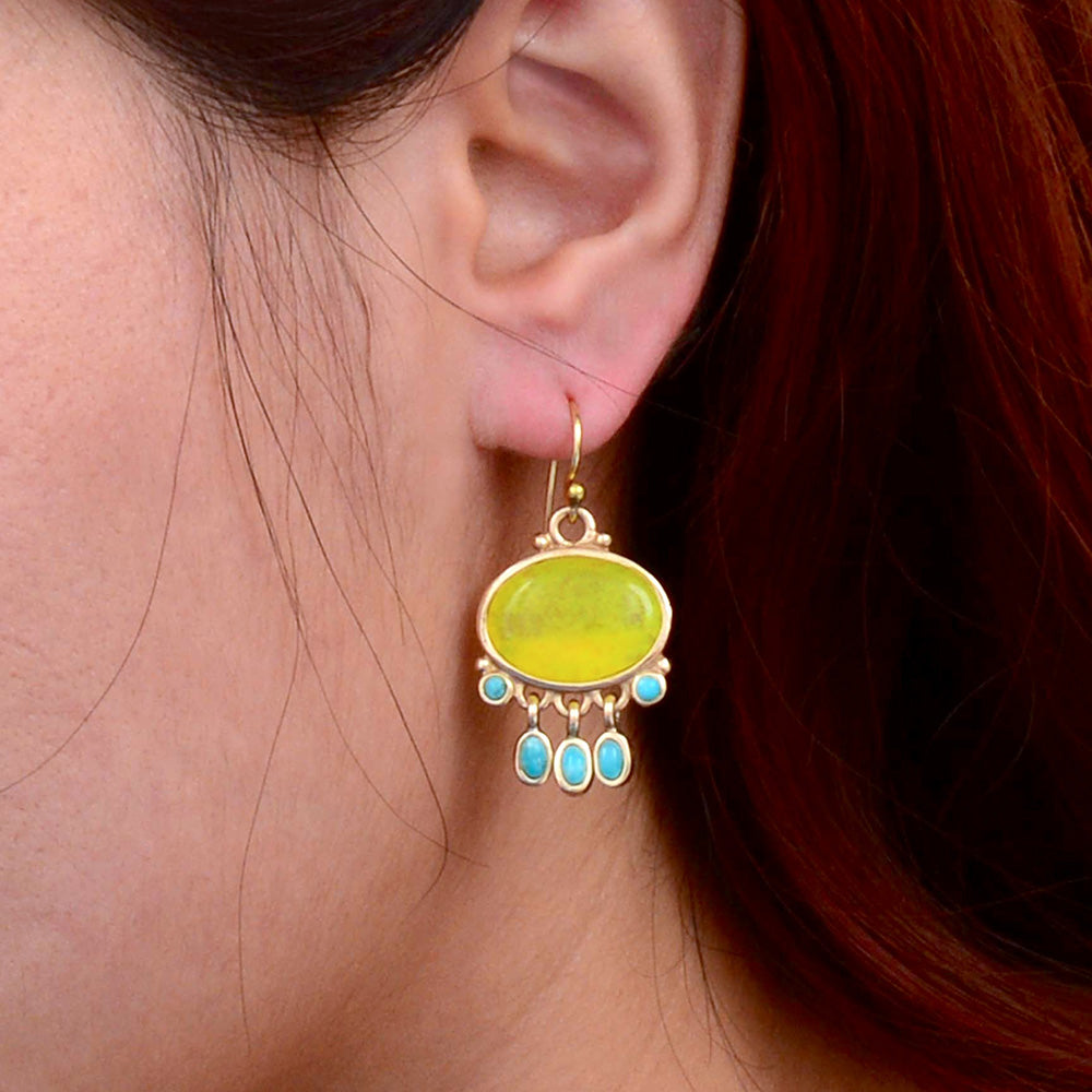 Sunny Yellow Quartz and Turquoise Golden Drop Earrings