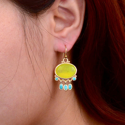 Sunny Yellow Quartz and Turquoise Golden Drop Earrings