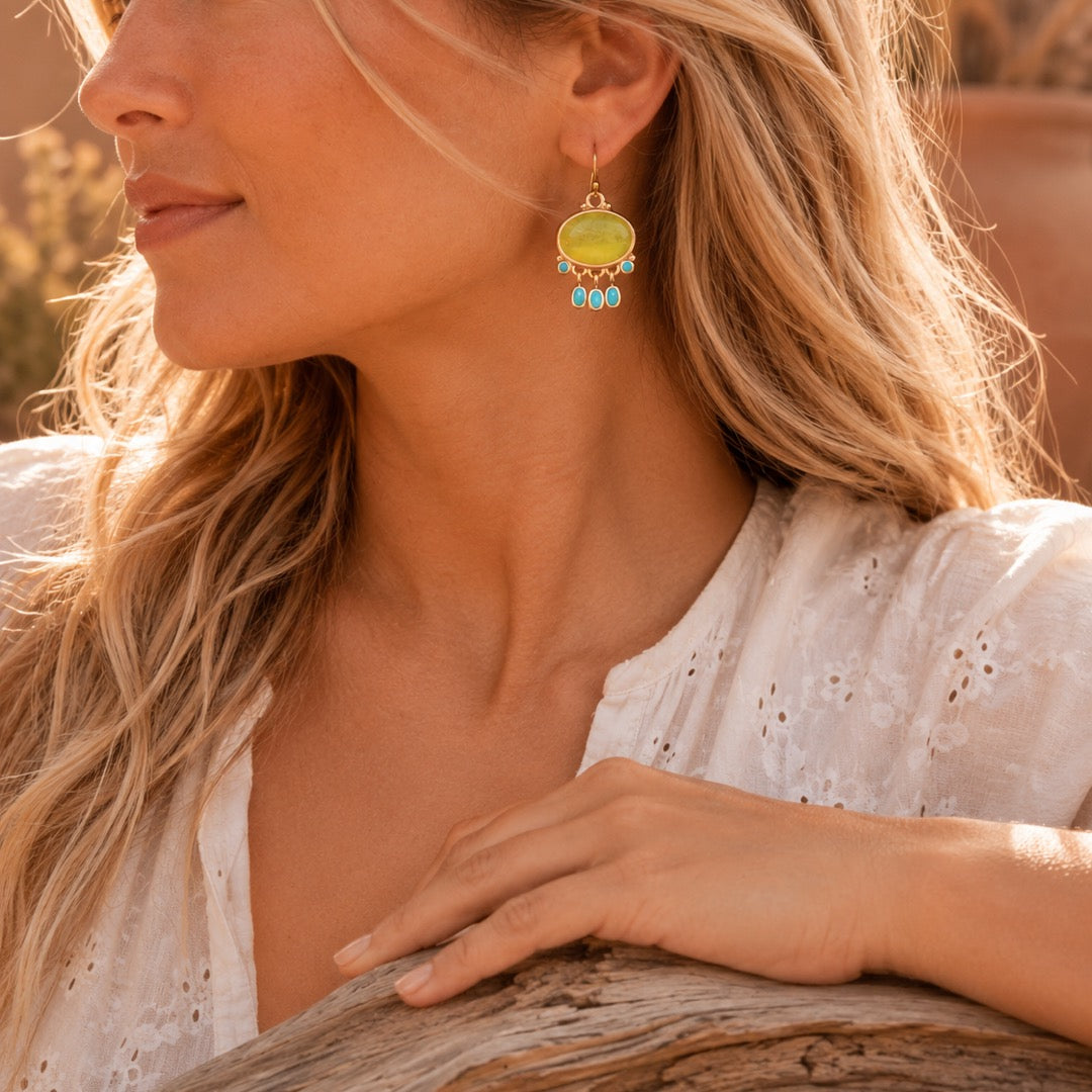 Sunny Yellow Quartz and Turquoise Golden Drop Earrings