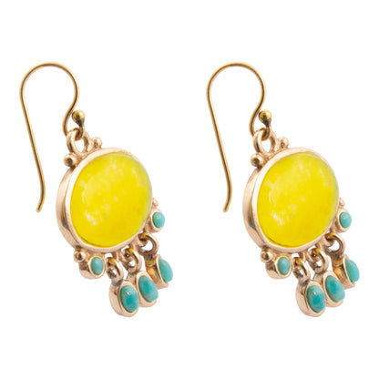 Sunny Yellow Quartz and Turquoise Golden Drop Earrings