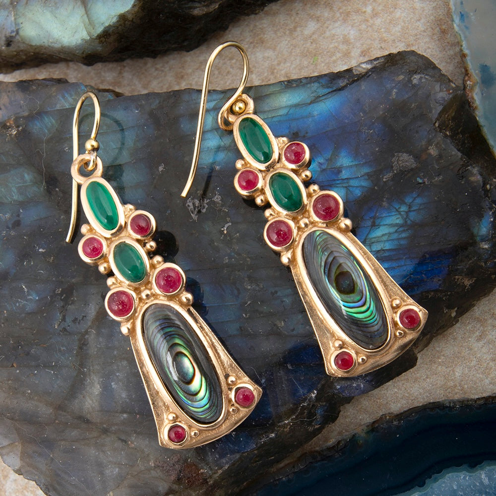 Abalone and Green Onyx Golden Statement Earrings