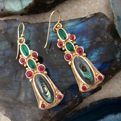 Abalone and Green Onyx Golden Statement Earrings