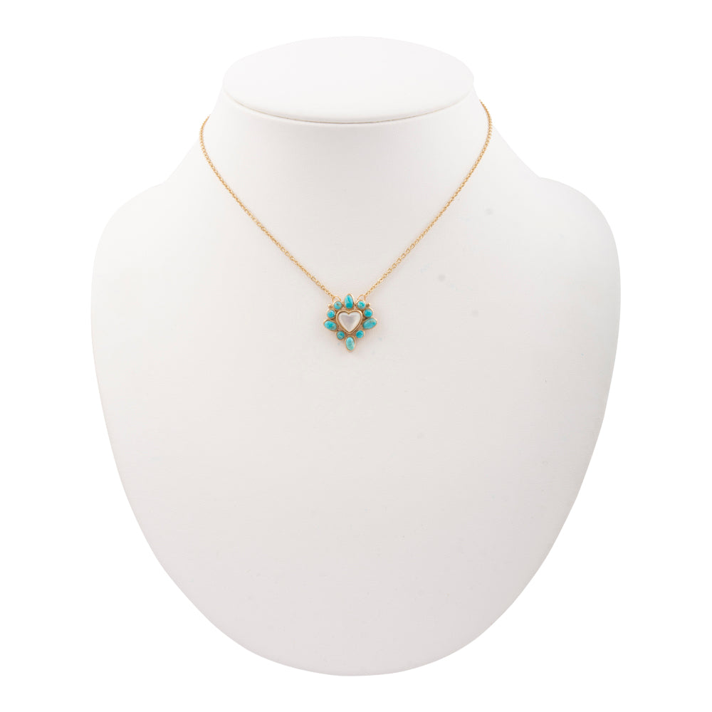 Hearts Surround Blue Turquoise and Mother of Pearl Golden Pendant Necklace