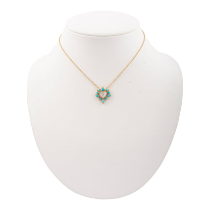 Hearts Surround Blue Turquoise and Mother of Pearl Golden Pendant Necklace