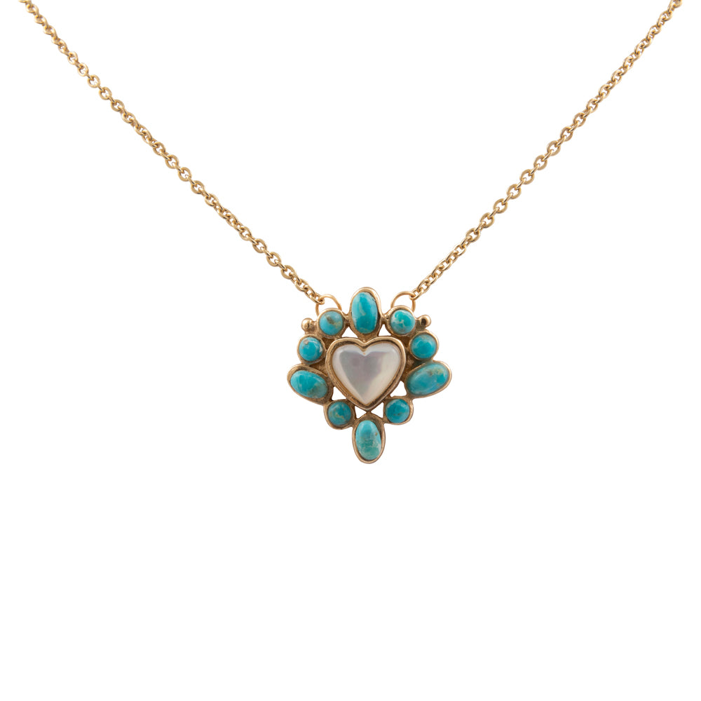 Hearts Surround Blue Turquoise and Mother of Pearl Golden Pendant Necklace