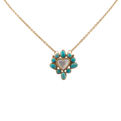 Hearts Surround Blue Turquoise and Mother of Pearl Golden Pendant Necklace
