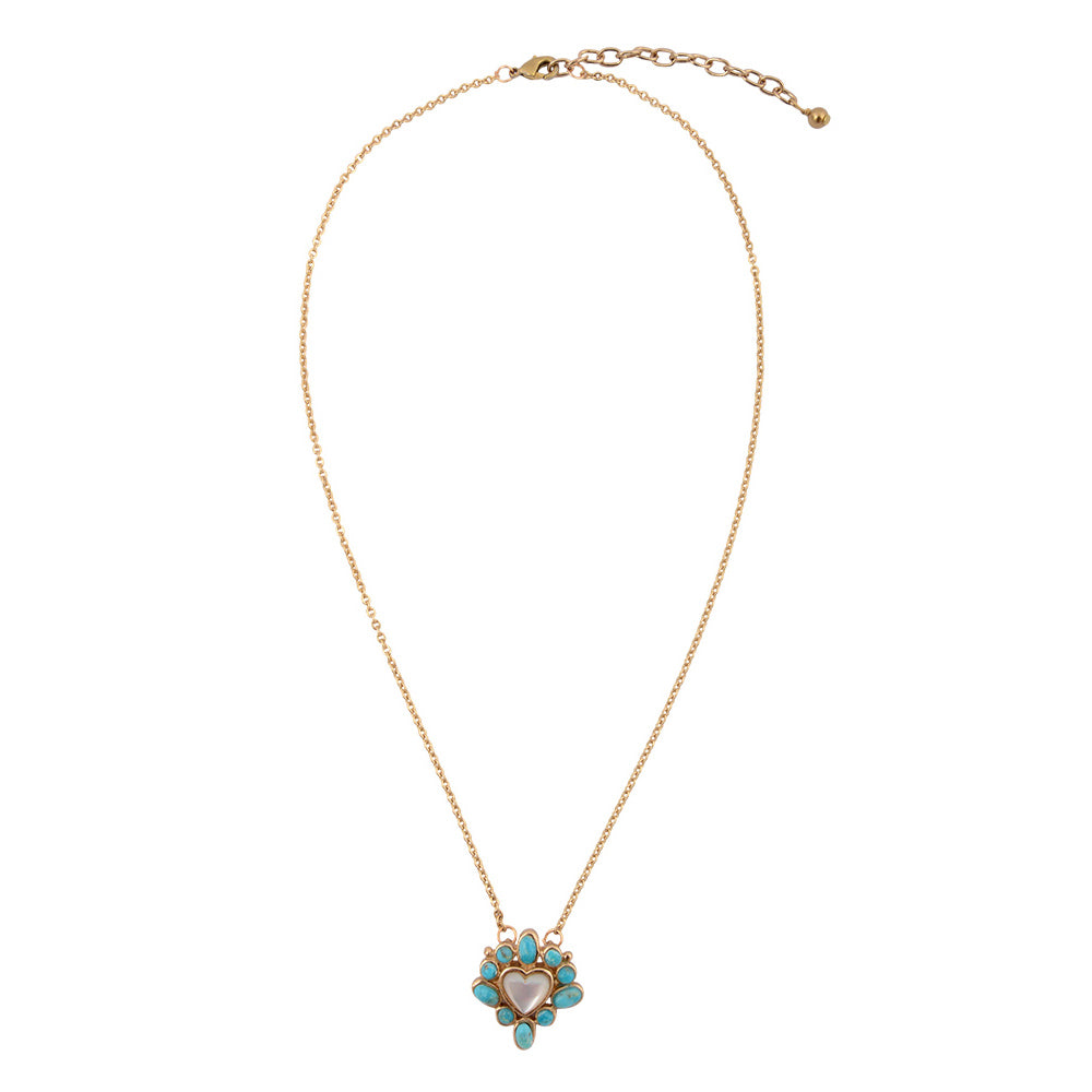 Hearts Surround Blue Turquoise and Mother of Pearl Golden Pendant Necklace