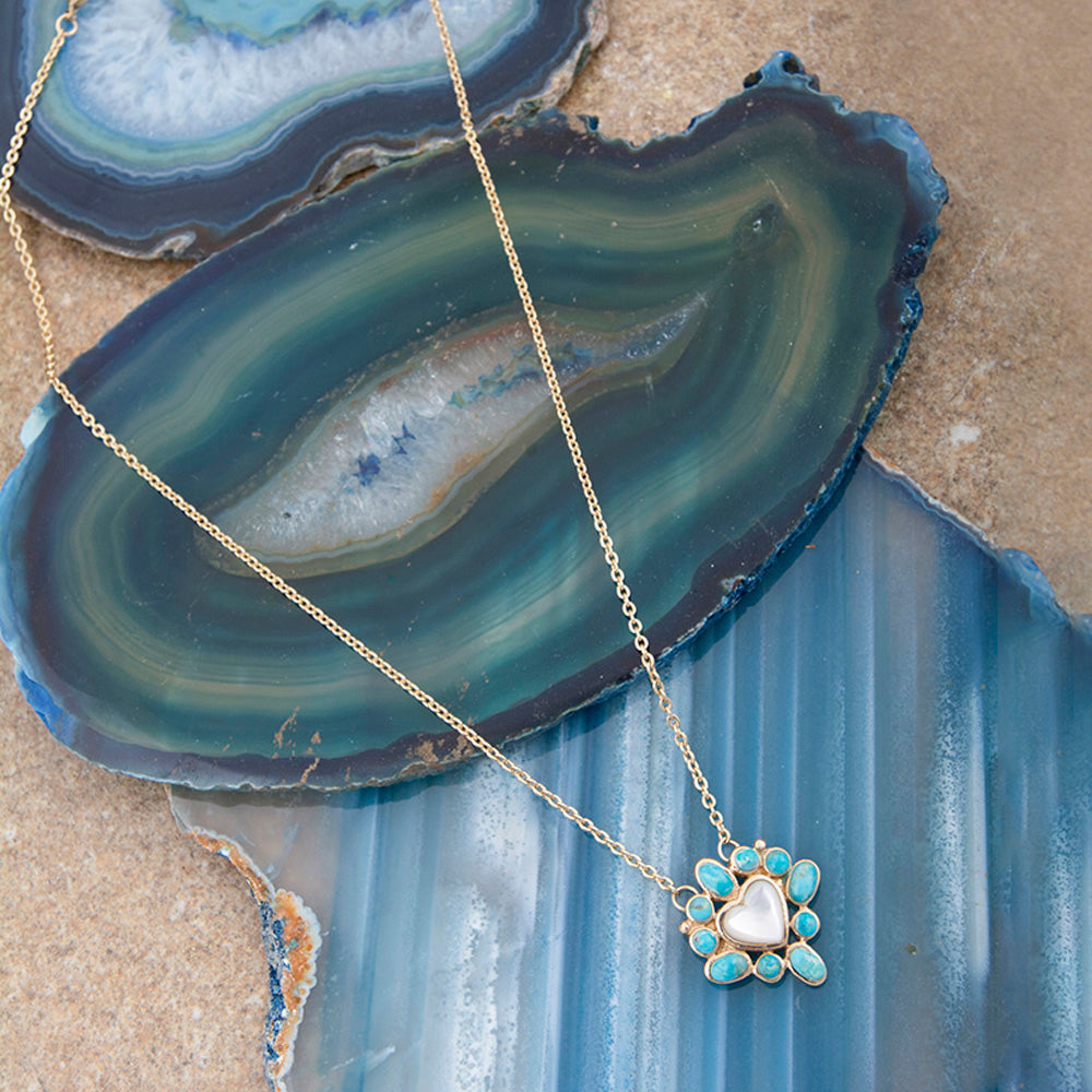 Hearts Surround Blue Turquoise and Mother of Pearl Golden Pendant Necklace