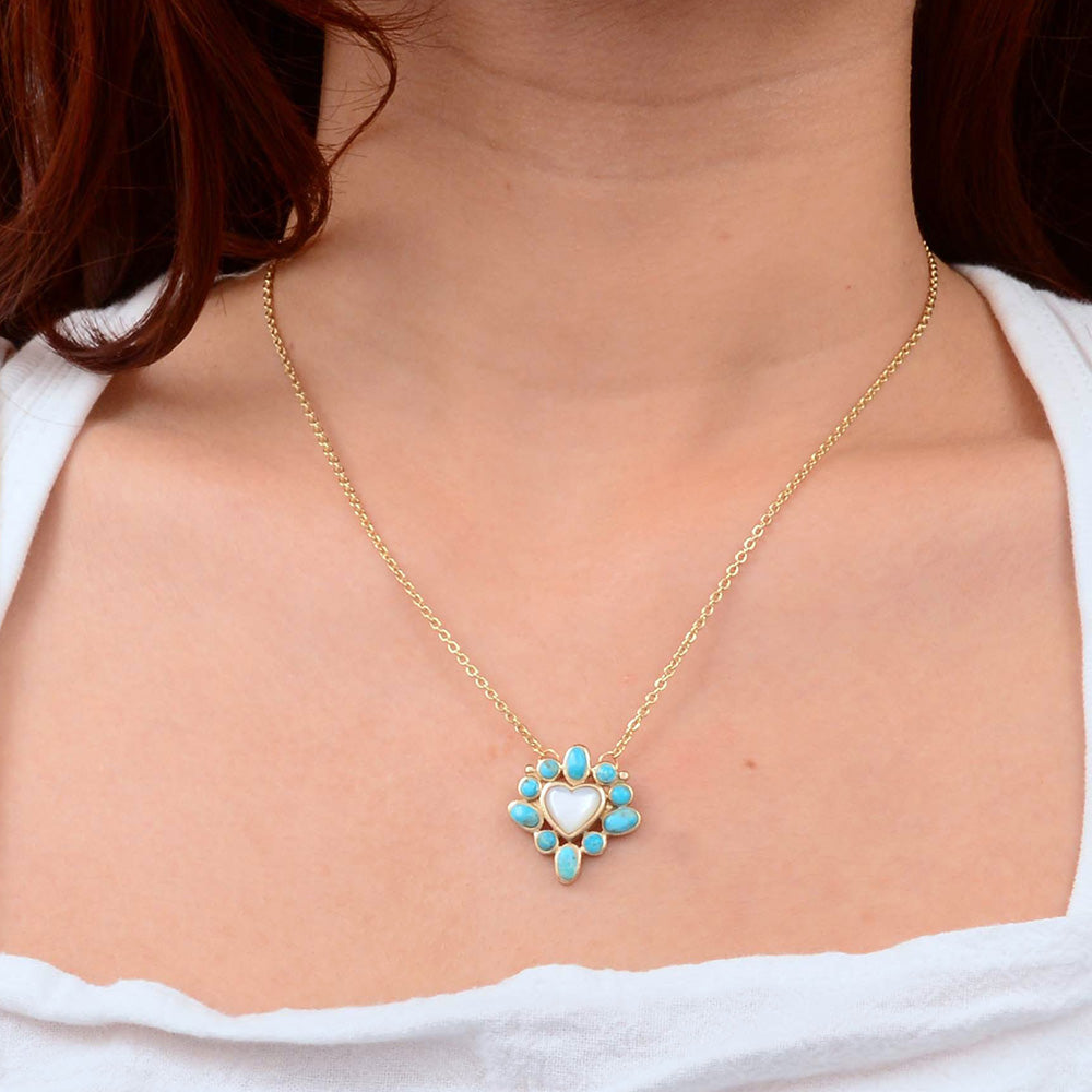 Hearts Surround Blue Turquoise and Mother of Pearl Golden Pendant Necklace