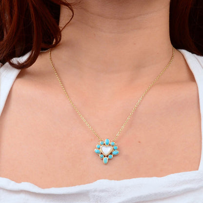 Hearts Surround Blue Turquoise and Mother of Pearl Golden Pendant Necklace