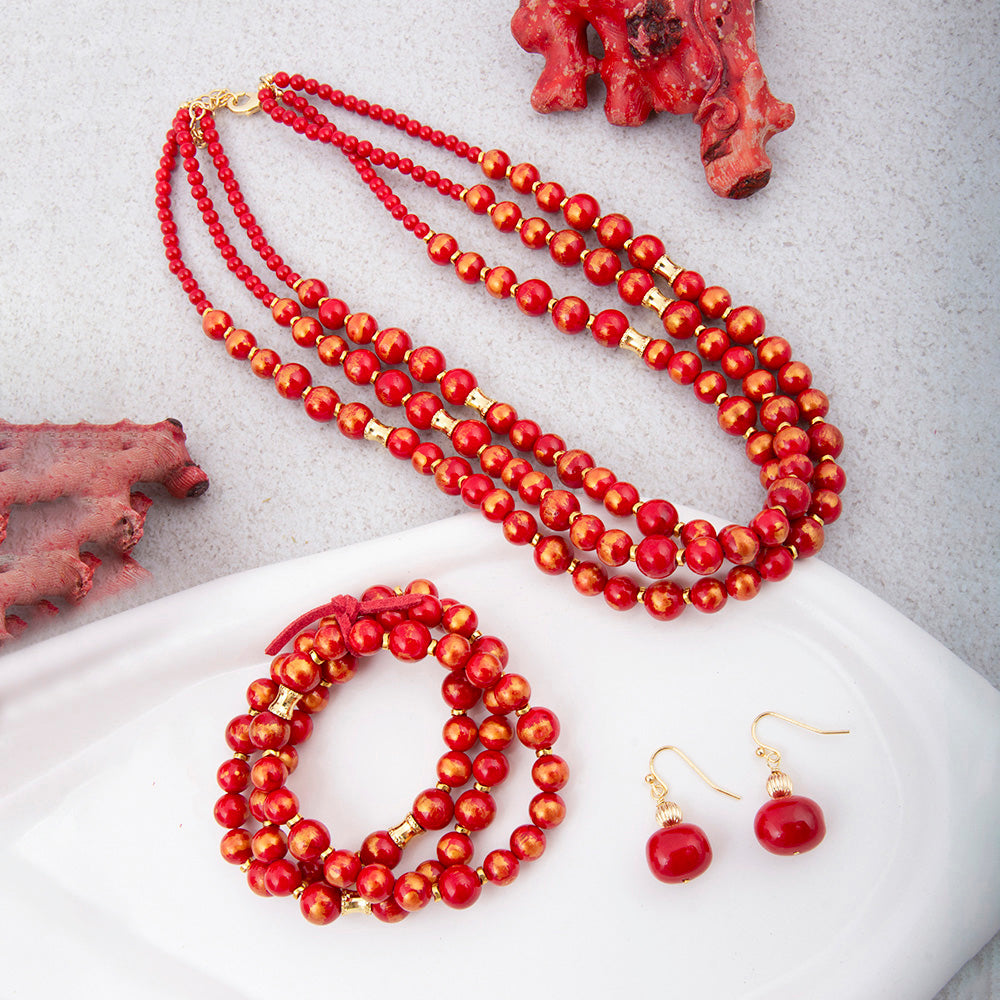 Red Shell Pearl Golden Drop Earrings