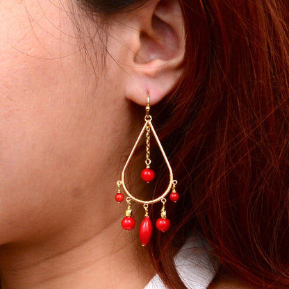 Red Mashan Jade Golden Chandelier Earrings