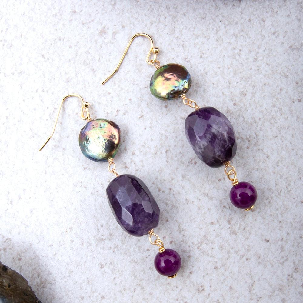 Purple Amethyst Golden Drop Earrings