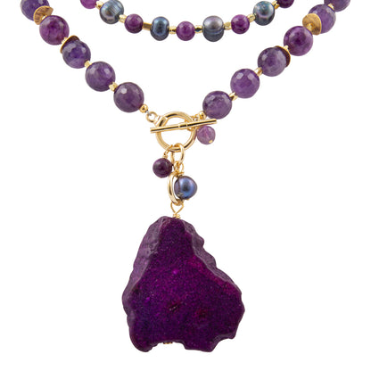 Purple Amethyst and Jasper Golden Pendant Necklace