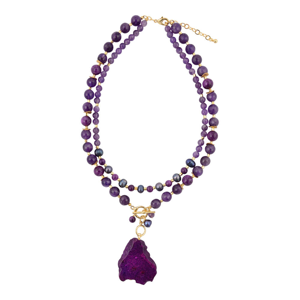Purple Amethyst and Jasper Golden Pendant Necklace
