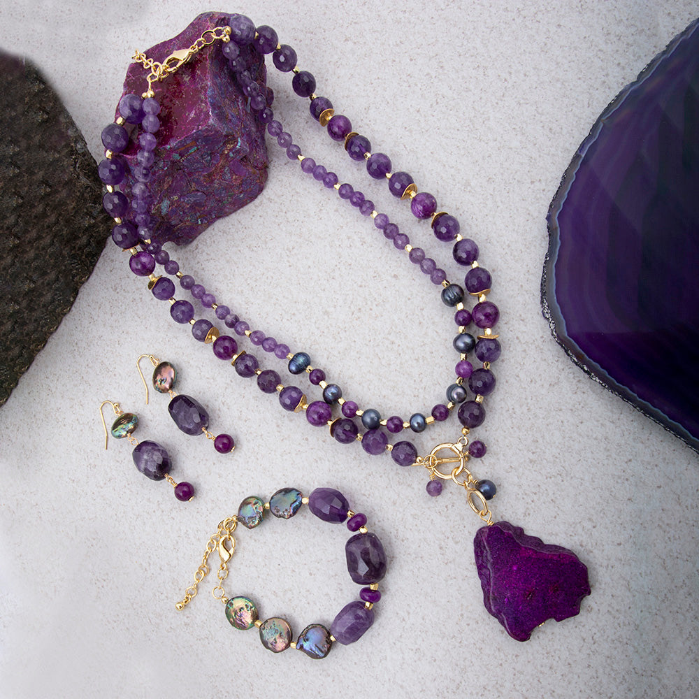 Purple Amethyst and Jasper Golden Pendant Necklace