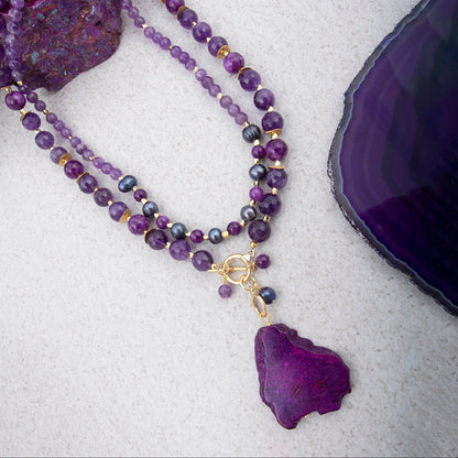 Purple Amethyst and Jasper Golden Pendant Necklace