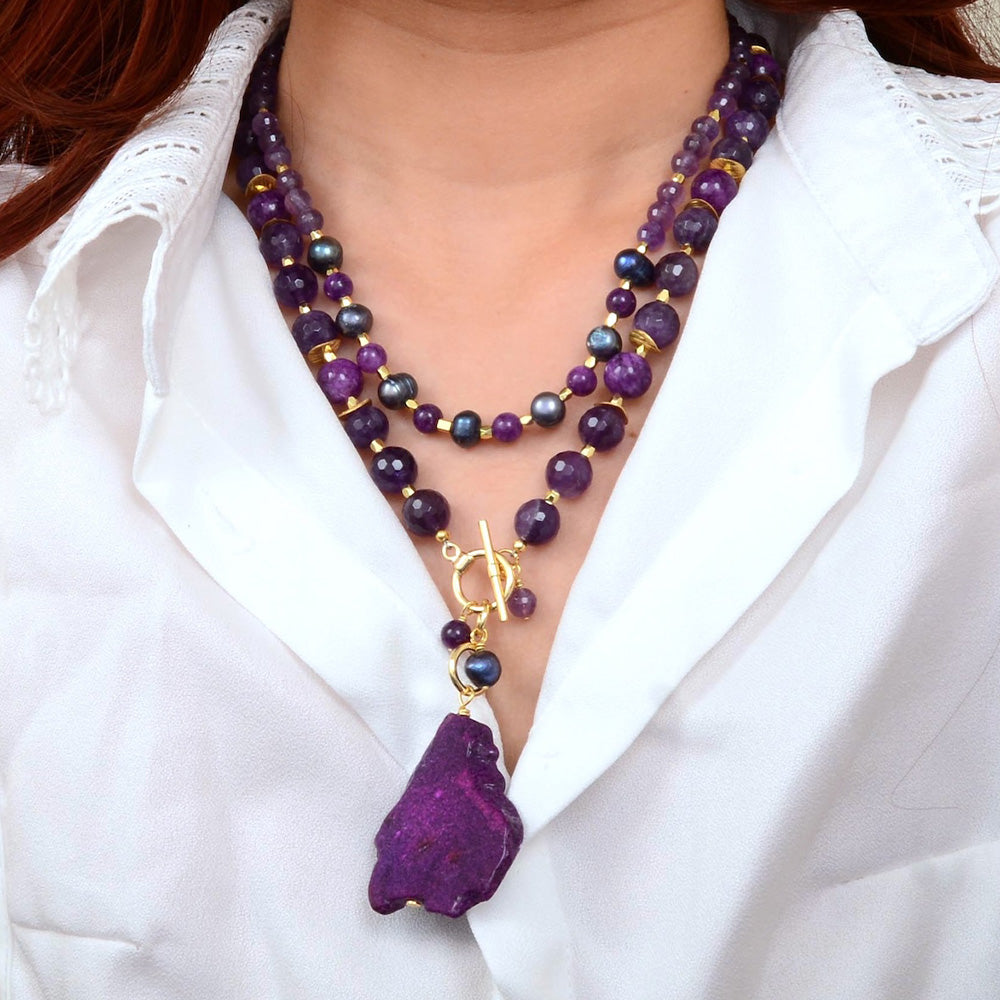 Purple Amethyst and Jasper Golden Pendant Necklace