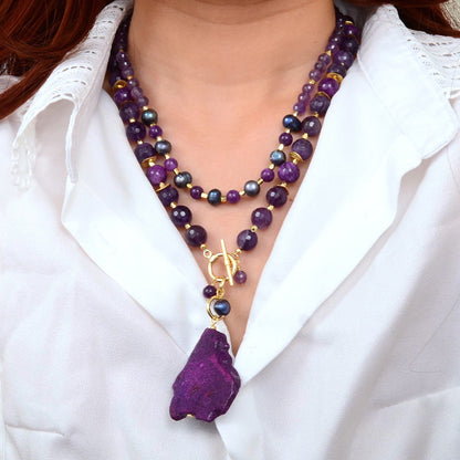 Purple Amethyst and Jasper Golden Pendant Necklace