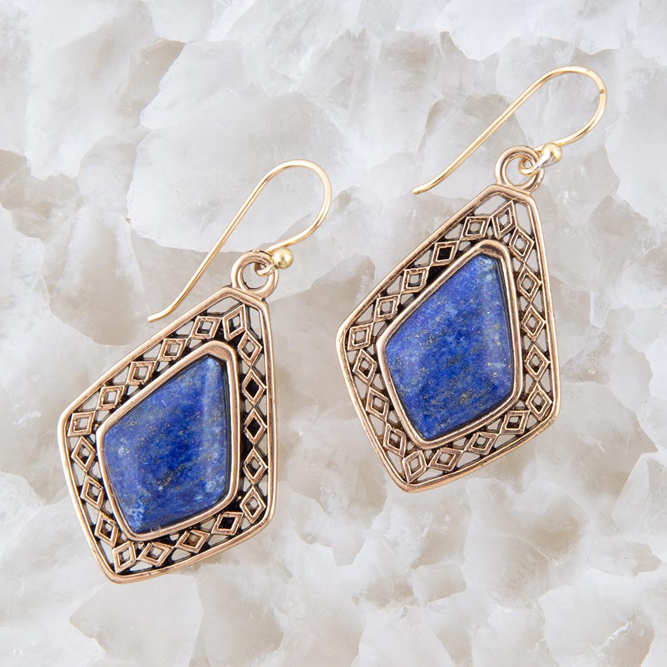 Dimond Blue Lapis Golden Drop Earrings