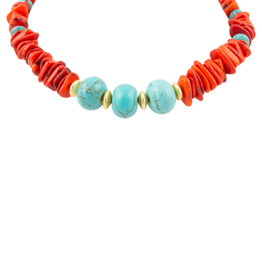 Taos Fiery Orange Jasper with Cool Blue Magnesite Statement Golden Necklace