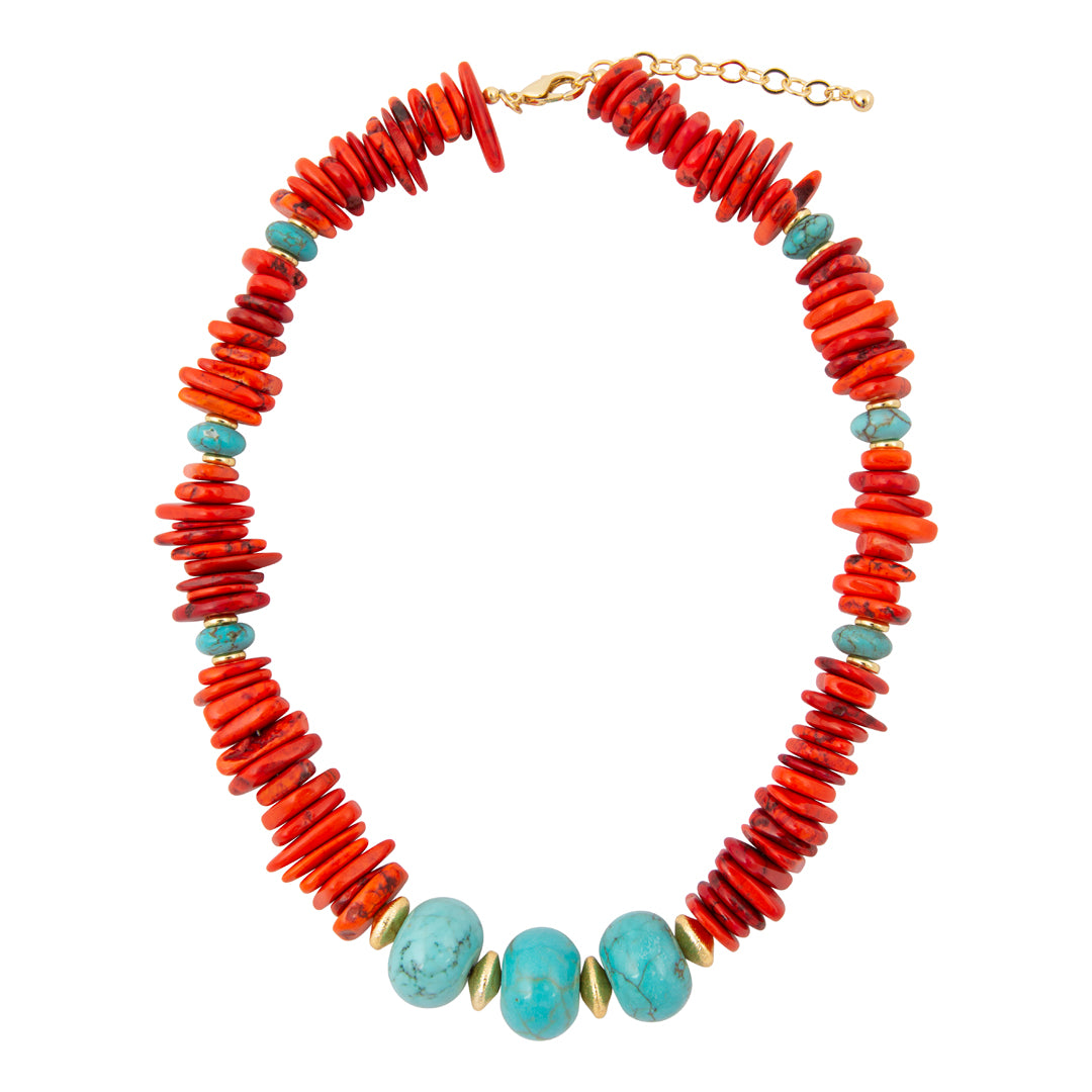 Necklace with red and turquoise beads on a white background