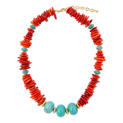 Necklace with red and turquoise beads on a white background