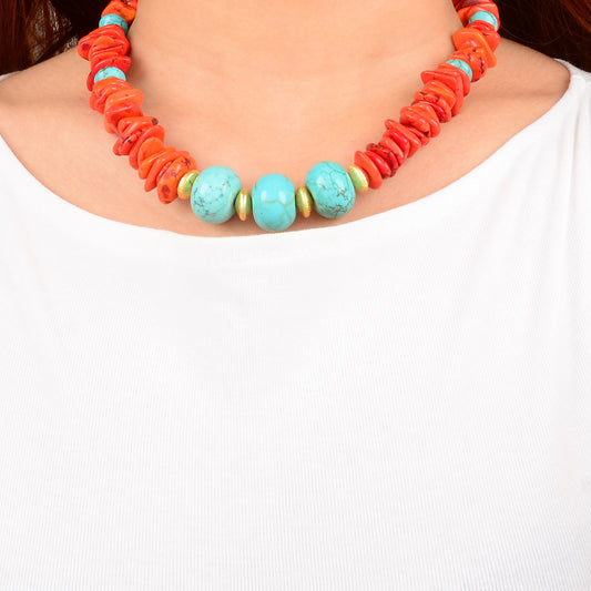 Taos Fiery Orange Jasper with Cool Blue Magnesite Statement Golden Necklace