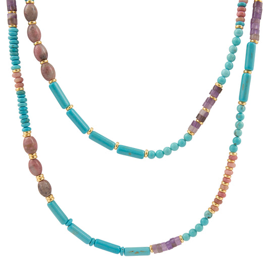 Multicolored beaded necklace on a white background