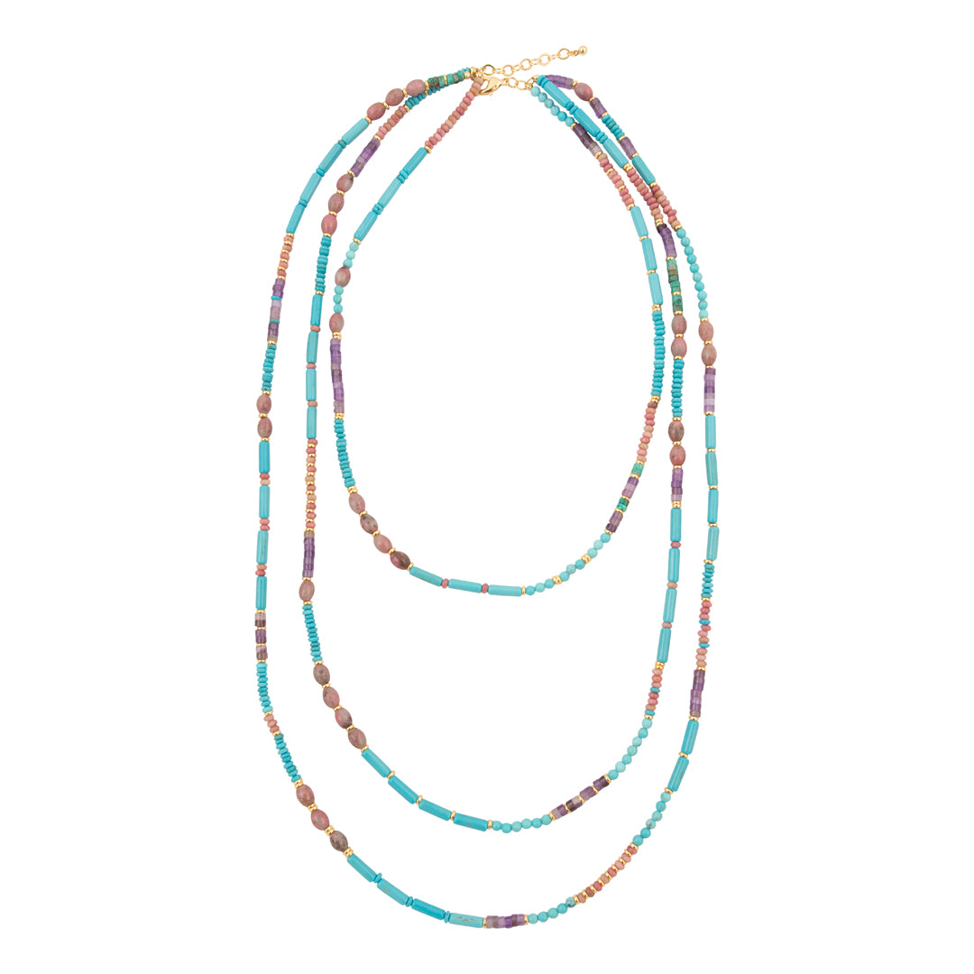 Multicolored beaded necklace on a white background