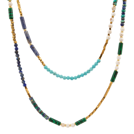 Multicolored beaded necklace on a white background