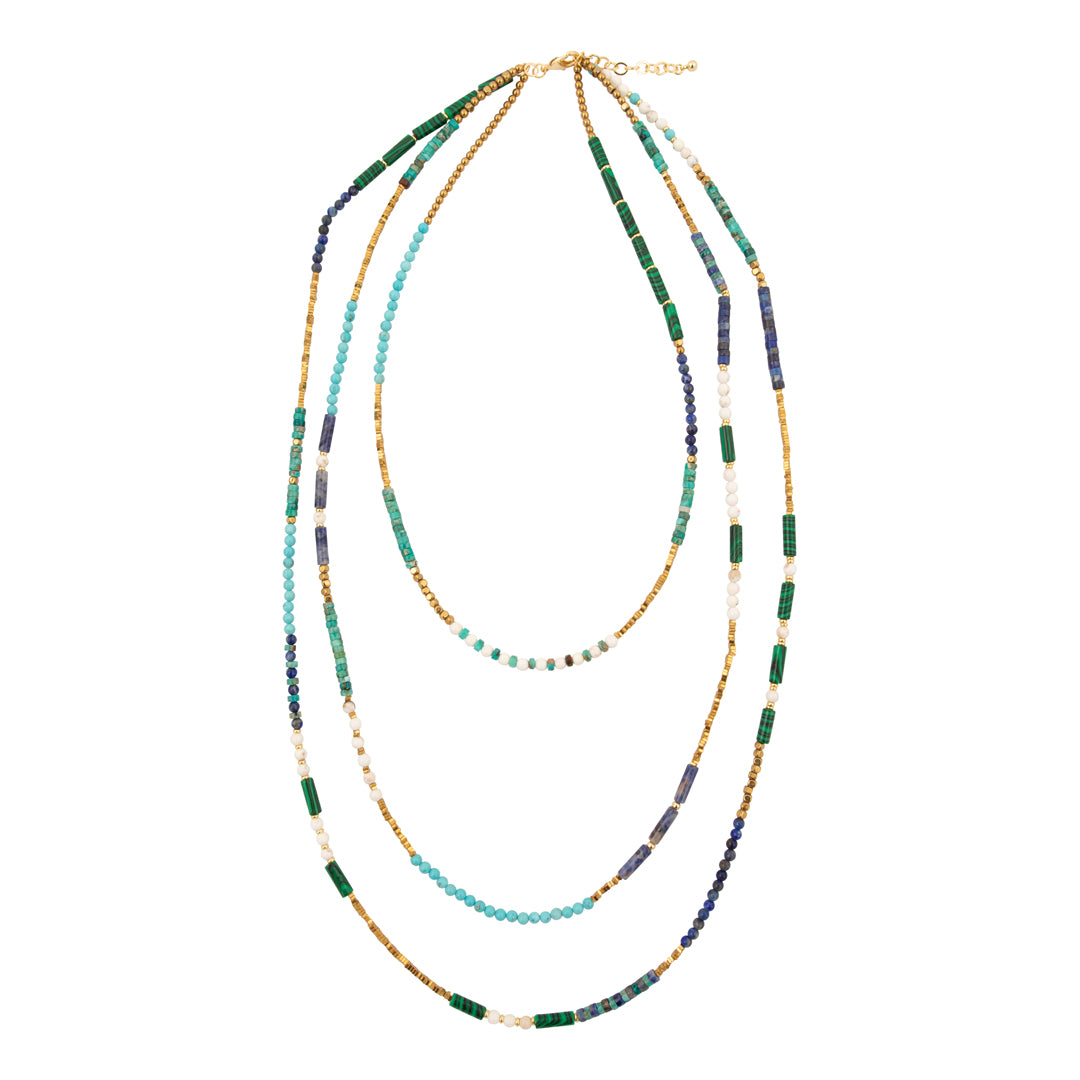 Multistrand beaded necklace with gradient colors on a white background
