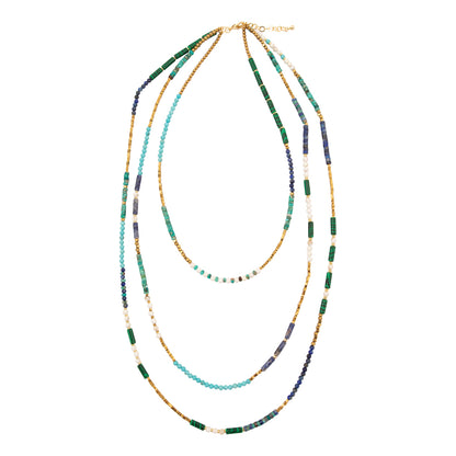 Multistrand beaded necklace with gradient colors on a white background