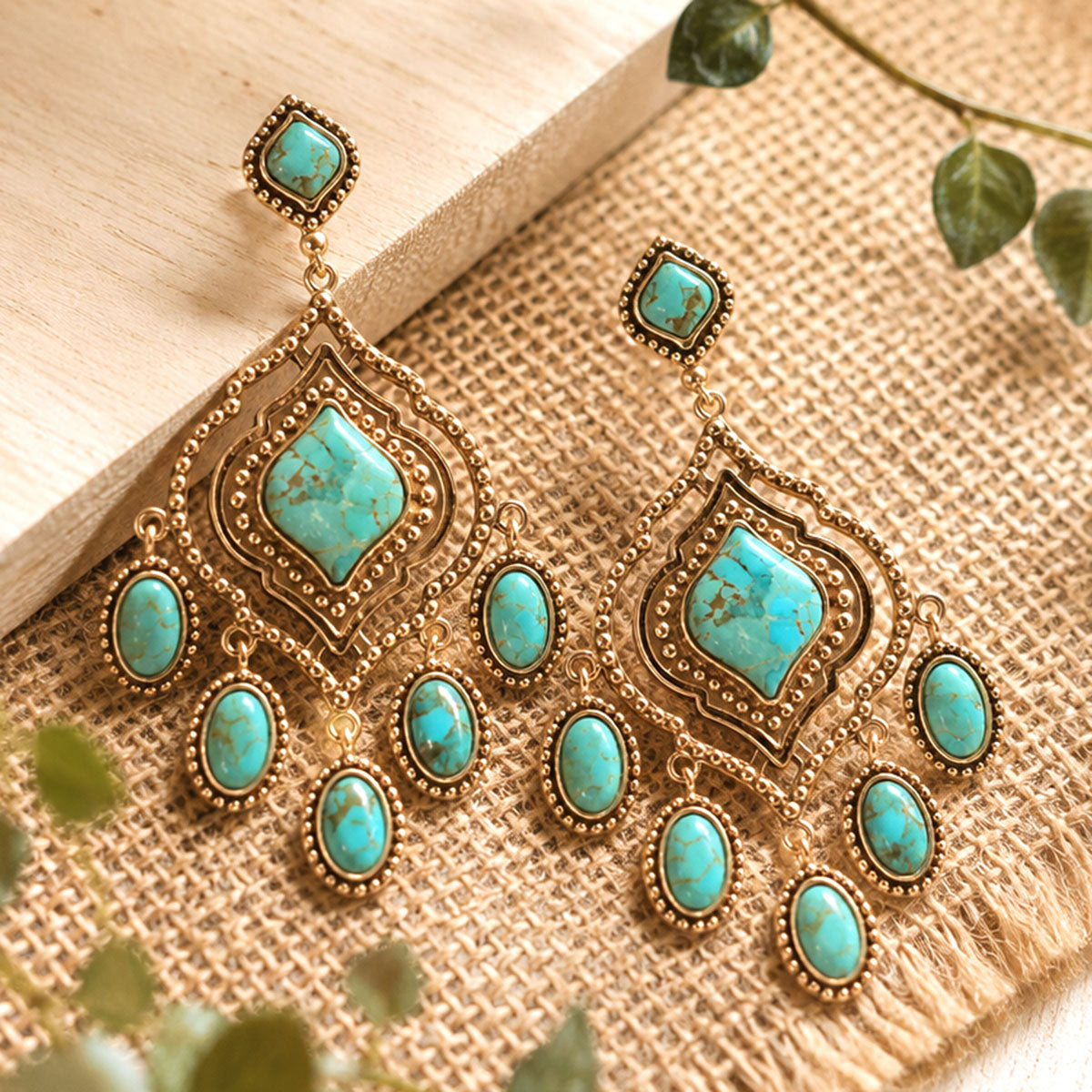 Gilded Blue Turquoise Golden Chandelier Drop Post Earrings