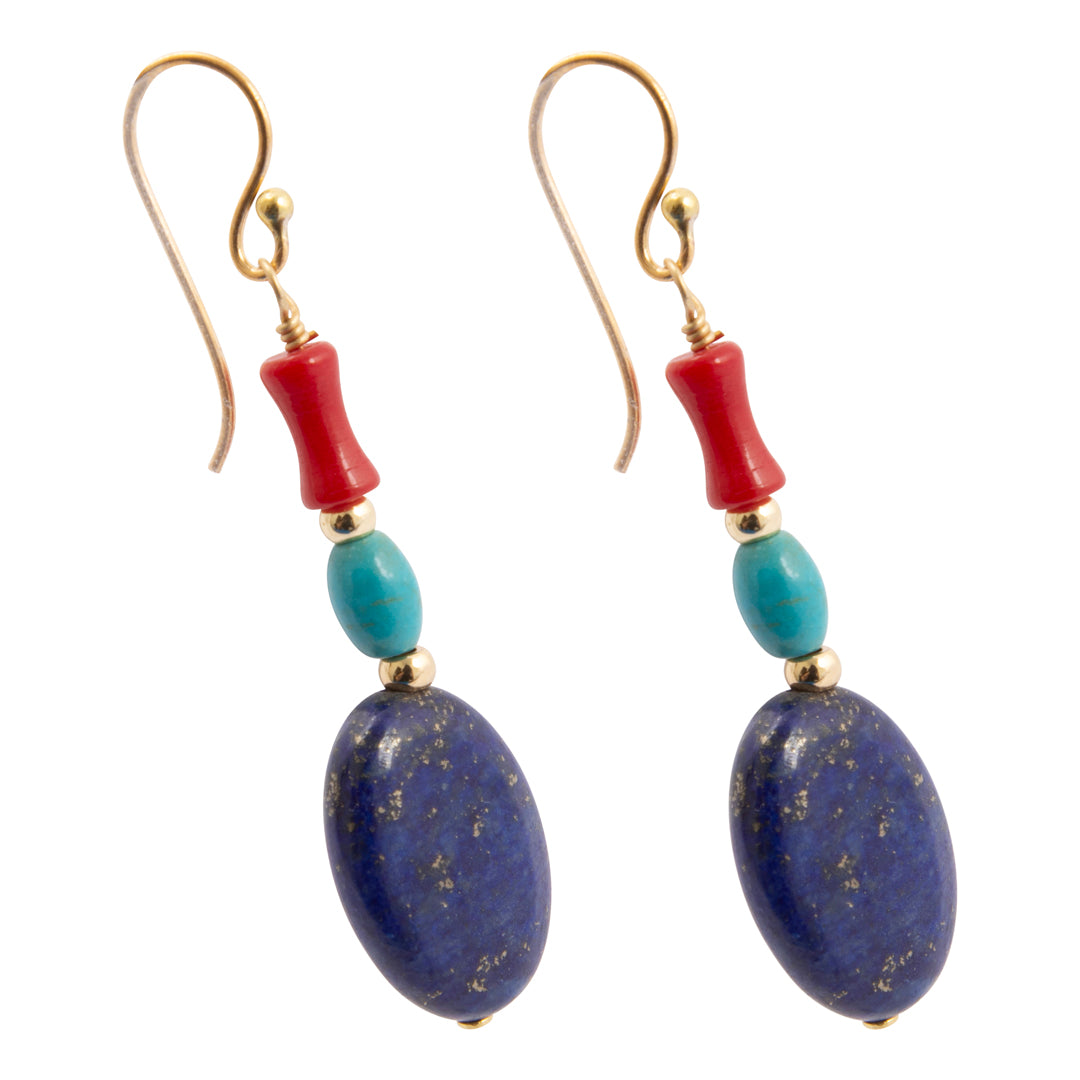 Pair of earrings with blue, red, and gold beads on a white background