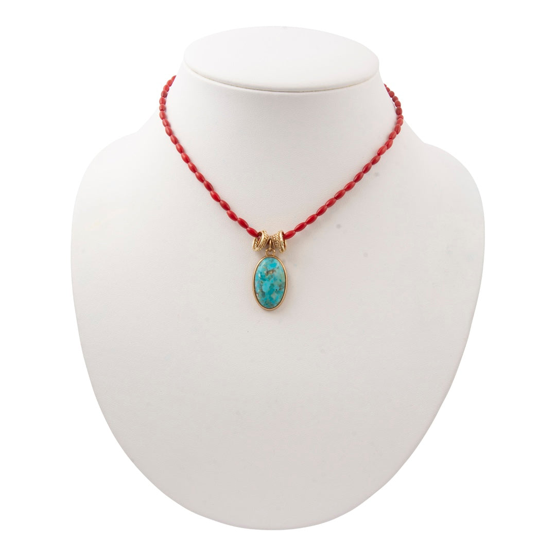 Jubilee Red Coral and Blue Turquoise Pendant Golden Necklace