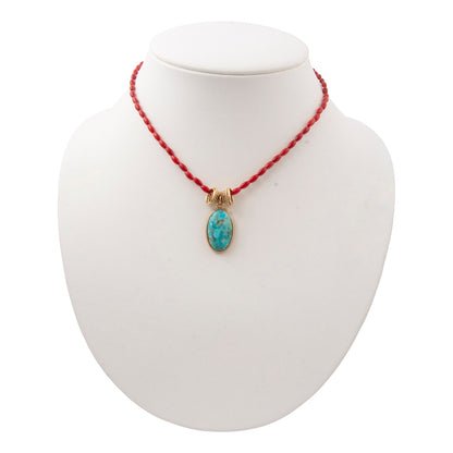 Jubilee Red Coral and Blue Turquoise Pendant Golden Necklace