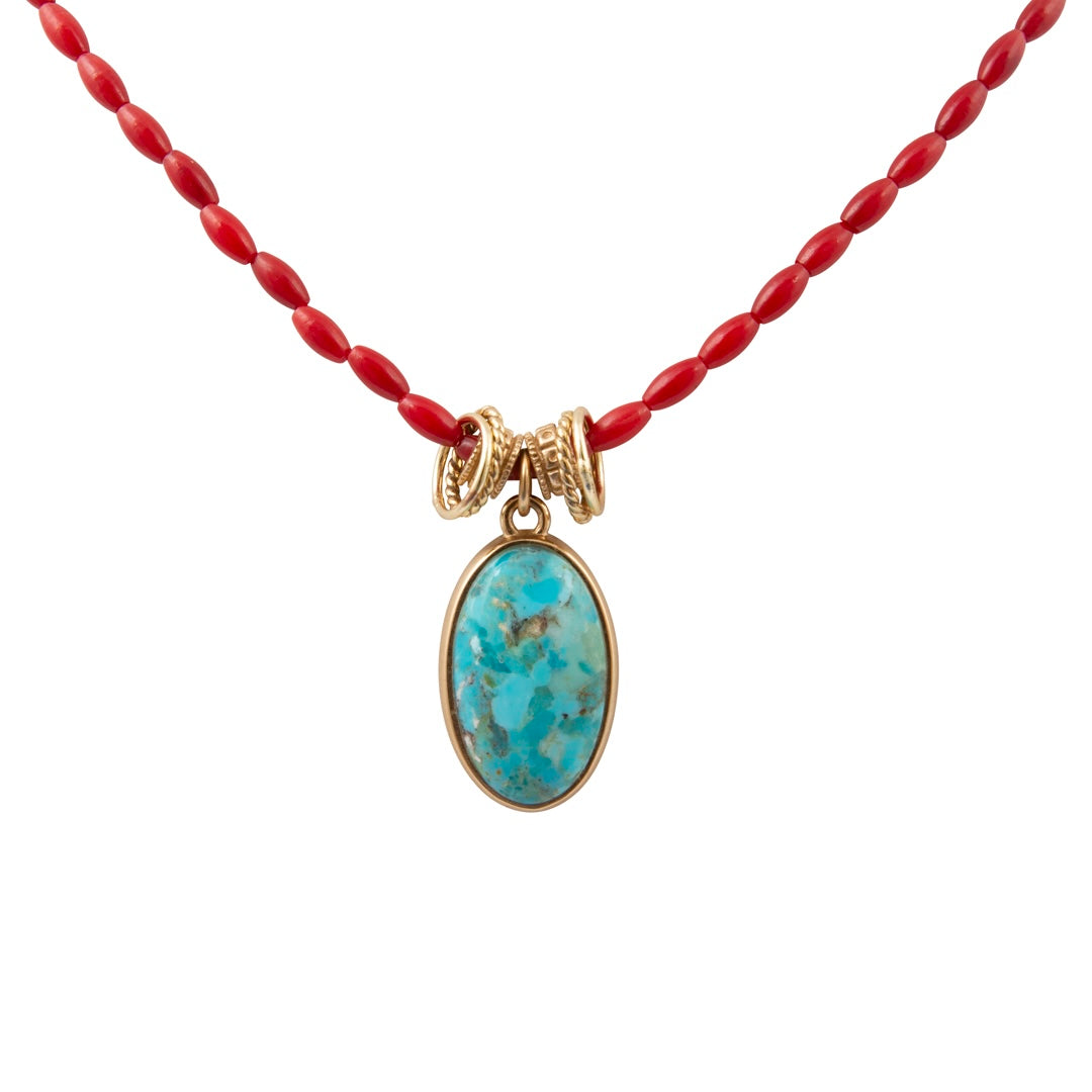 Jubilee Red Coral and Blue Turquoise Pendant Golden Necklace