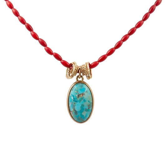 Jubilee Red Coral and Blue Turquoise Pendant Golden Necklace