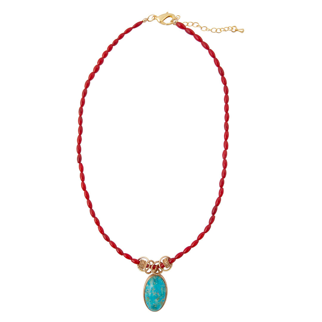 Jubilee Red Coral and Blue Turquoise Pendant Golden Necklace