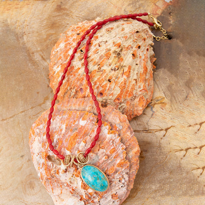 Jubilee Red Coral and Blue Turquoise Pendant Golden Necklace
