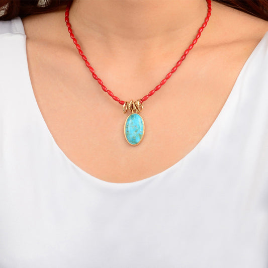 Jubilee Red Coral and Blue Turquoise Pendant Golden Necklace