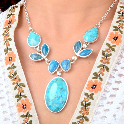 Petals of Teal Apatite and Turquoise Silver Statement Necklace