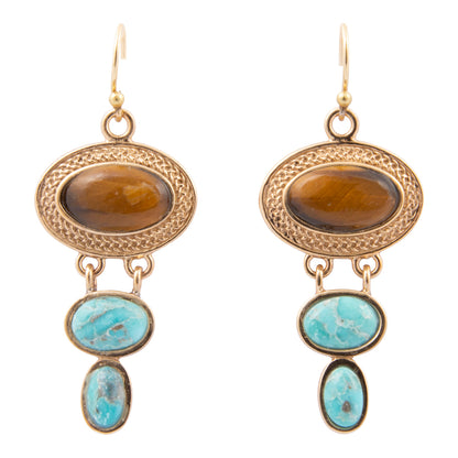 Brown Tiger's Eye and Blue Turquoise Ovation Golden Drop Earrings