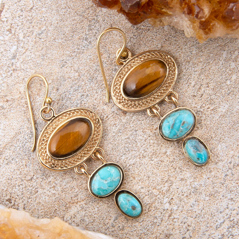 Brown Tiger's Eye and Blue Turquoise Ovation Golden Drop Earrings