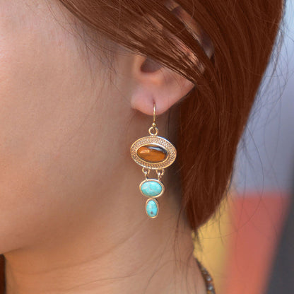 Brown Tiger's Eye and Blue Turquoise Ovation Golden Drop Earrings