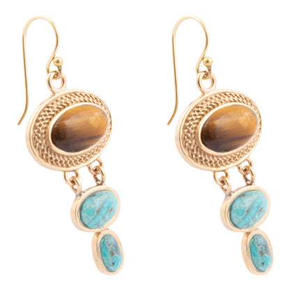 Brown Tiger's Eye and Blue Turquoise Ovation Golden Drop Earrings